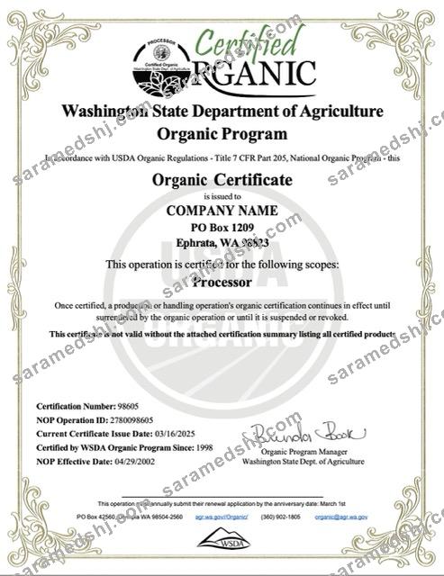 USA Washington organic certificate of company Word and PDF template